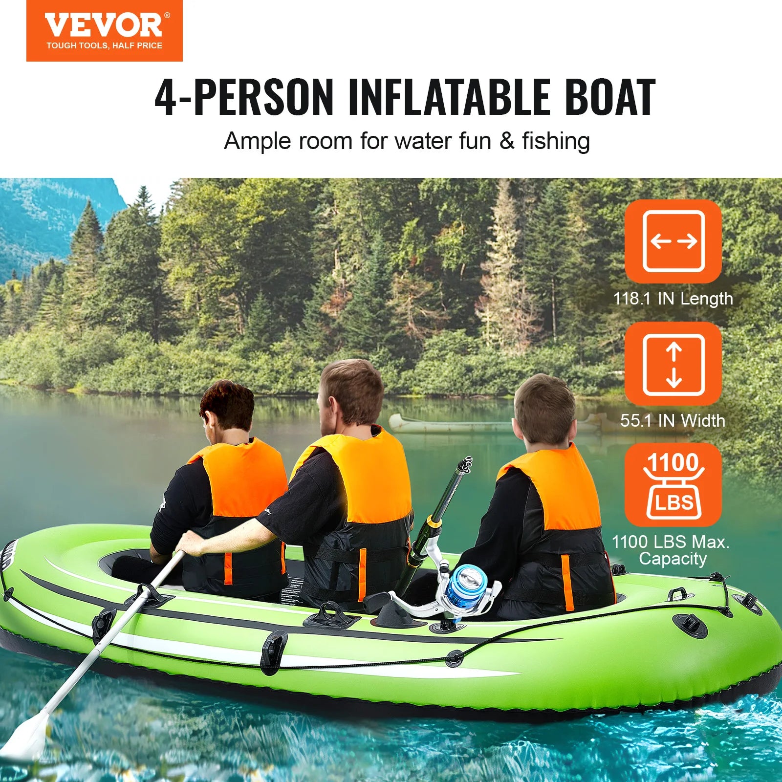 VEVOR Inflatable Boat 4-Person Inflatable Fishing Boat Strong PVC Portable Boat Raft Kayak 45.6