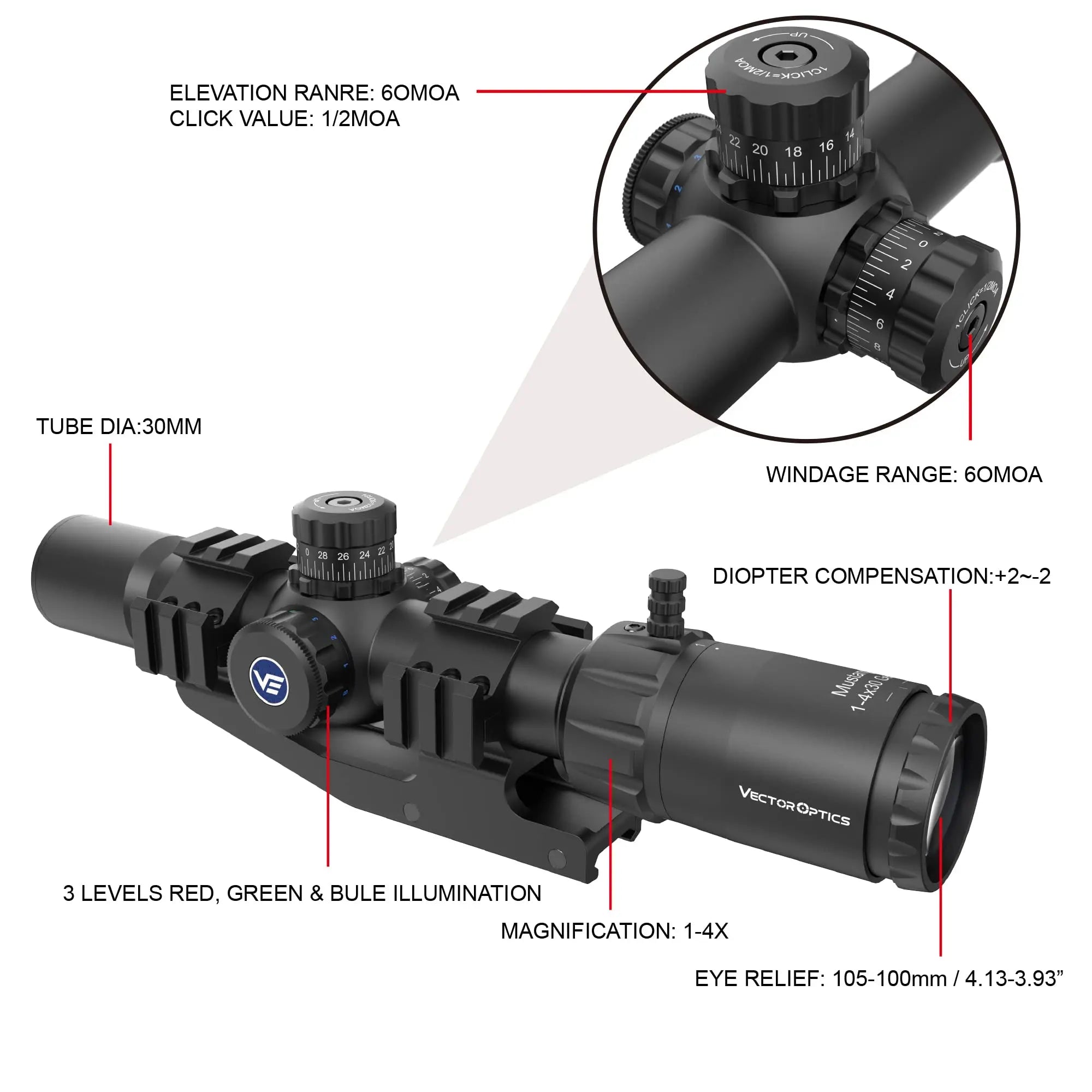 Vector Optics Mustang 1-4x30 SFP Riflescope LPVO Optics With Turret Lock Red&Green&Blue Illumination Reticle Fit AR15 5.56 .223
