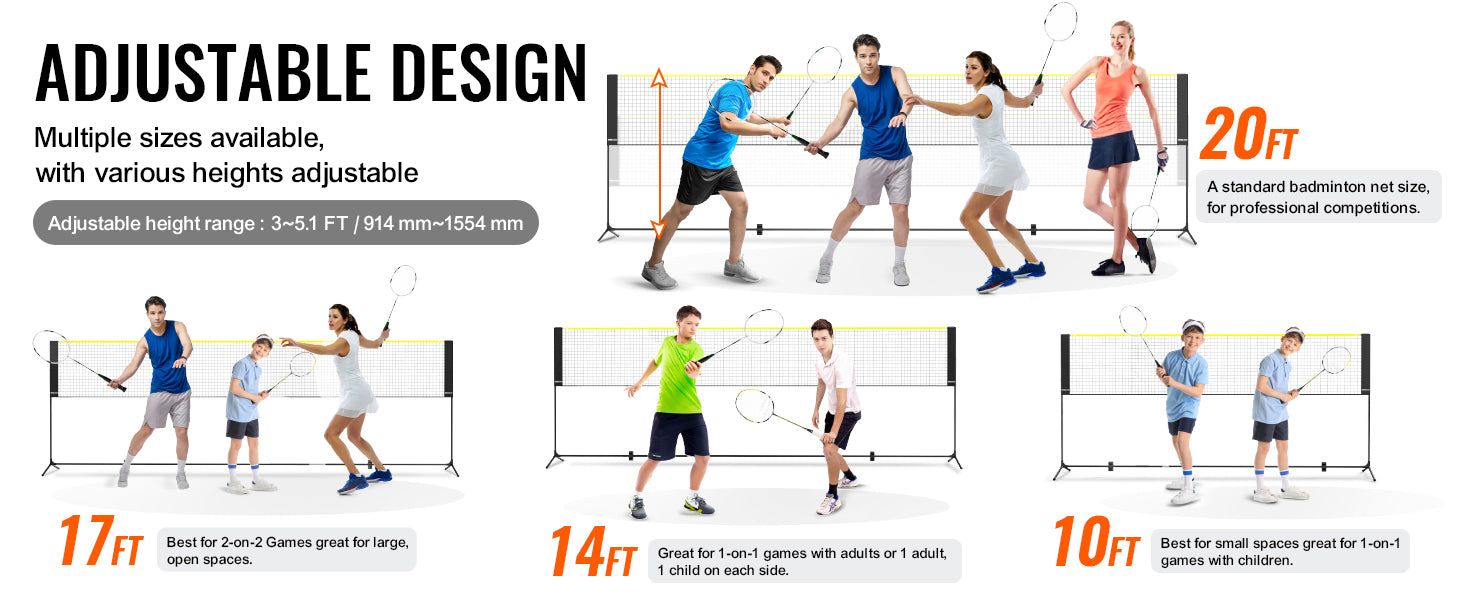 VEVOR 20FT Badminton Net Height Adjustable Volleyball Net Wide Foldable Pickleball Net Portable Tennis Net Set with Poles Stand