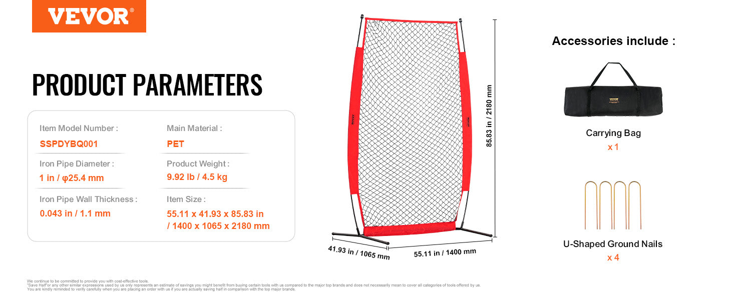 VEVOR Baseball Screen for Batting CageBaseball & Softball Safety Screen Body Protector Portable Batting Screen Bag Red Black