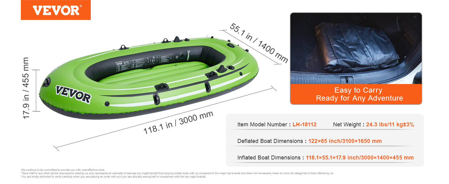 VEVOR Inflatable Boat 4-Person Inflatable Fishing Boat Strong PVC Portable Boat Raft Kayak 45.6